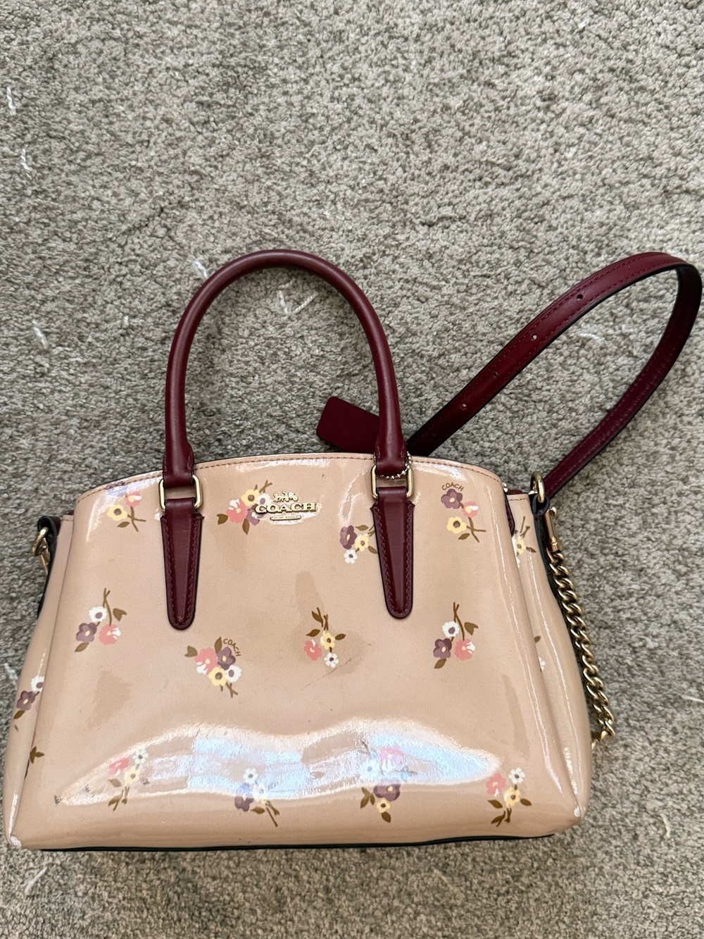 Coach Blush Patent Floral Satchel with Burgundy Handles